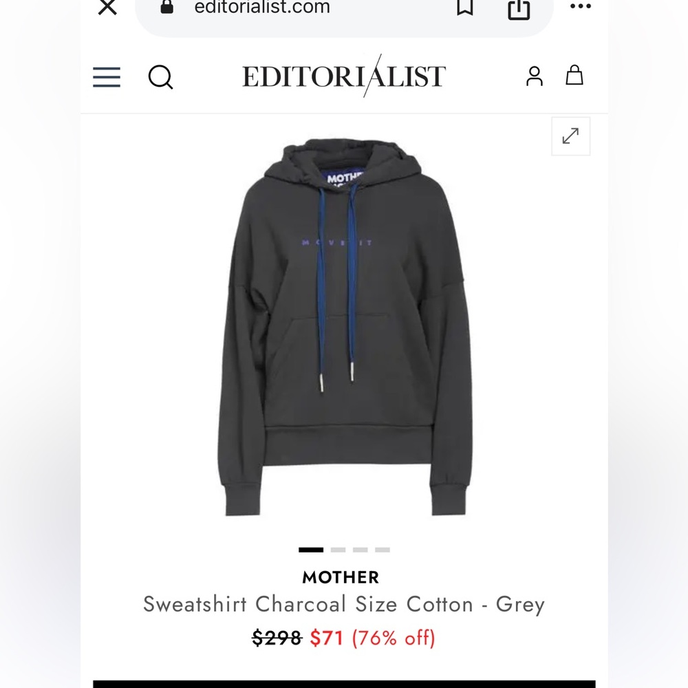 Mother Charcoal Sweatshirt with Blue Drawstrings NWT